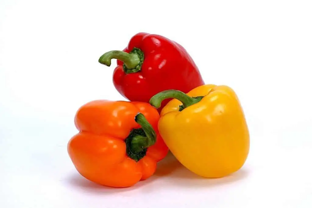3 bell peppers in different colors red orange and yellow